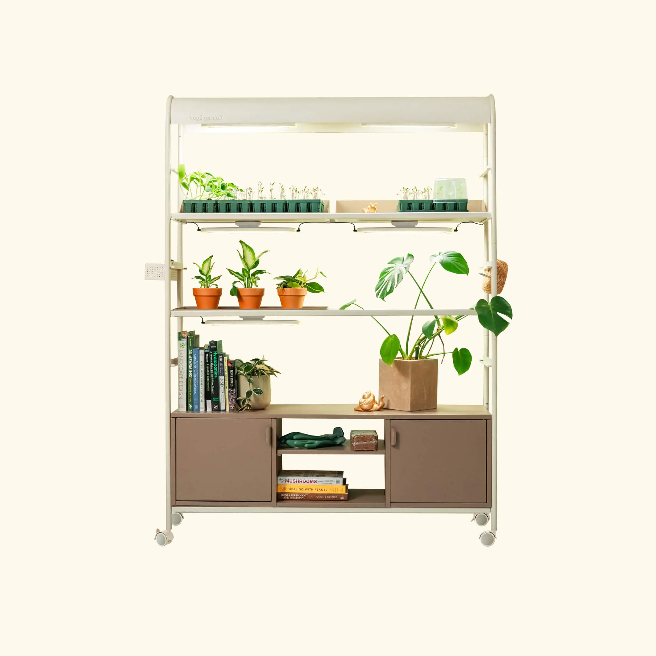 Vego 4-Tier Full-Spectrum LED Grow Light Garden Pro - Modern Metal Rolling Cart with Storage Shelves, Magnetic Arms, 5 Lighting Modes, Adjustable Greenhouse for Effortless Plant Care & Indoor Plant Germination