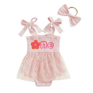 Baby Girls First Birthday Outfits One Year Rompers Dress 1st Birthday Clothes Letter Embroidery Skirt Hem Tie-Up Shoulder Straps Bodysuits with Headband