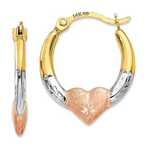 14K Tri Color Gold Solid Hypoallergenic Heart Hoop Shrimp Earrings