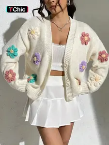 Women's 3D Floral Appliques Button Front Fitted Cardigan, Casual Long Sleeve V Neck Knitwear for Fall & Winter, Going Out Top, Ladies Knit Clothing for Daily Wear, Womenswear