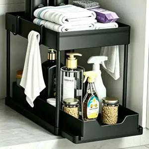 1pack 2 Tier Slide-Out Under Sink Storage Rack, Pull Out Under Cabinet Organizer with Side Hooks & Detachable Hanging Cup, Multi-purpose Kitchen Bathroom Storage Shelf