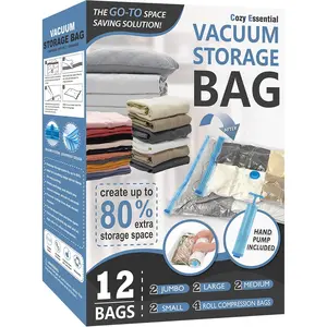 Cozy Essential Vacuum Storage Bags 12 Pack - 80% Extra Space Saver with Hand Pump for Comforters & Blankets - Jumbo Large Medium Small Sizes - Organiser