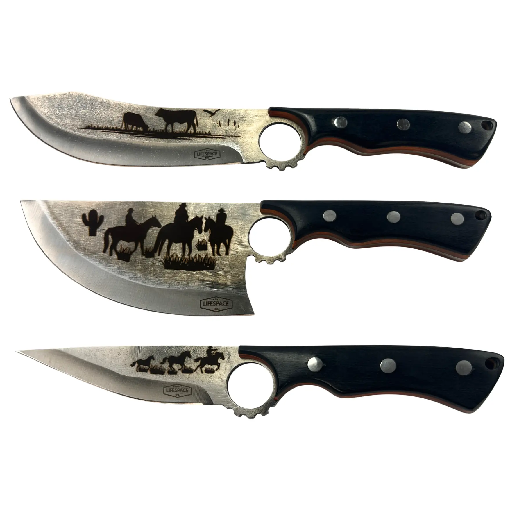 Lifespace Limited Edition Cowboy Wood Kitchen Knife Set - High-Carbon Steel Engraved/Etched Blades with Pointed Tip, Ergonomic Handles, Cleaving Meat Knives for Western Home Decor