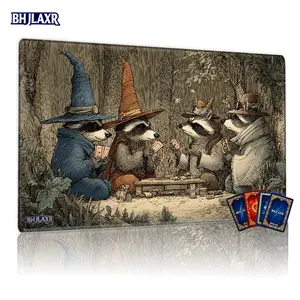 Four Anthropomorphic Raccoons Card Game Forest Vintage Sketch MTG Playmat 12x24in Non-Slip TCG Gaming Mat Gaming Mousepad for Family Gathering Gift, Whimsical Storybook Style with Earthy Tones