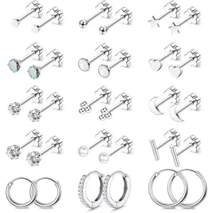15 Pairs Flat Back Stud Earrings For Women Men 14K Gold Plated Hypoallergenic Surgical Steel Flatback Stud Earrings Cartilage Helix Tragus Conch Hoop Earrings Set for Multiple Piercing Jewelry