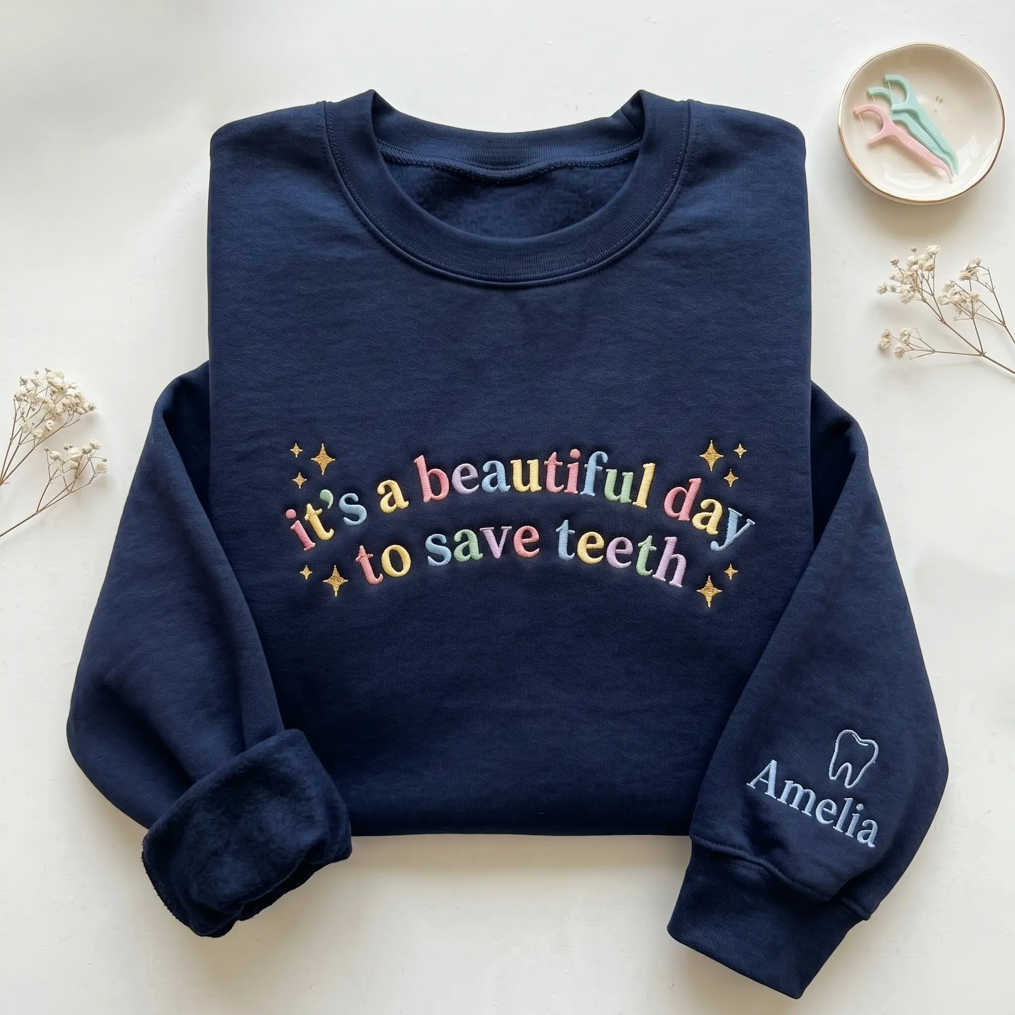 (Leave a note) Embroidered Dental Hygienist Sweatshirt, Save Teeth Dentist Gift, Pastel Rainbow Embroidery