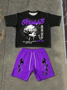 Men's fashionable casual Summer Sportswear set: American-style graphic print crew neck T-shirt and drawstring shorts set. Comfortable, versatile, and suitable for outdoor activities.