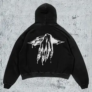 Grunge Streetwear Hoodie Oversized Distressed Fleece Pullover Unisex Fit Horror Art Graphic Heavyweight Fabric Dropped Shoulders Spacious Kangaroo Pocket Y2K Style