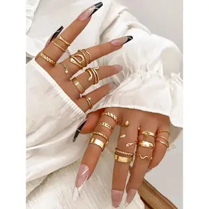 24pcs Set Stylish Rhinestone Fashion Rings With Bohemian Minimalist Vibes, Including Snake, Geometric, and Chic Layered Designs For Women  Color: Gold and Silver