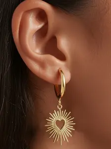 Silver Color Hoop Earrings with Sunburst Heart Charm, Retro Style Jewelry, Elegant Accessory for Women, Perfect Gift Idea
