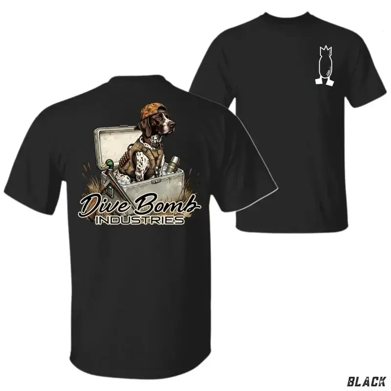 Dive Bomb Industries Classic Soft Stylish Short-Sleeve Hunting T-Shirt - Unisex Casual Tee with Hunting Dog in Gear Box, Duck & Accessories Back Print, Small Chest Logo, Outdoor Hunting Theme, Gift for Hunters - KitchenEra