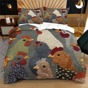 Farmhouse Chicken Print Bedding Set, Zipper Design, Includes 1 Fitted Sheet and 1 or 2 Pillowcases, Country Bedroom Decor