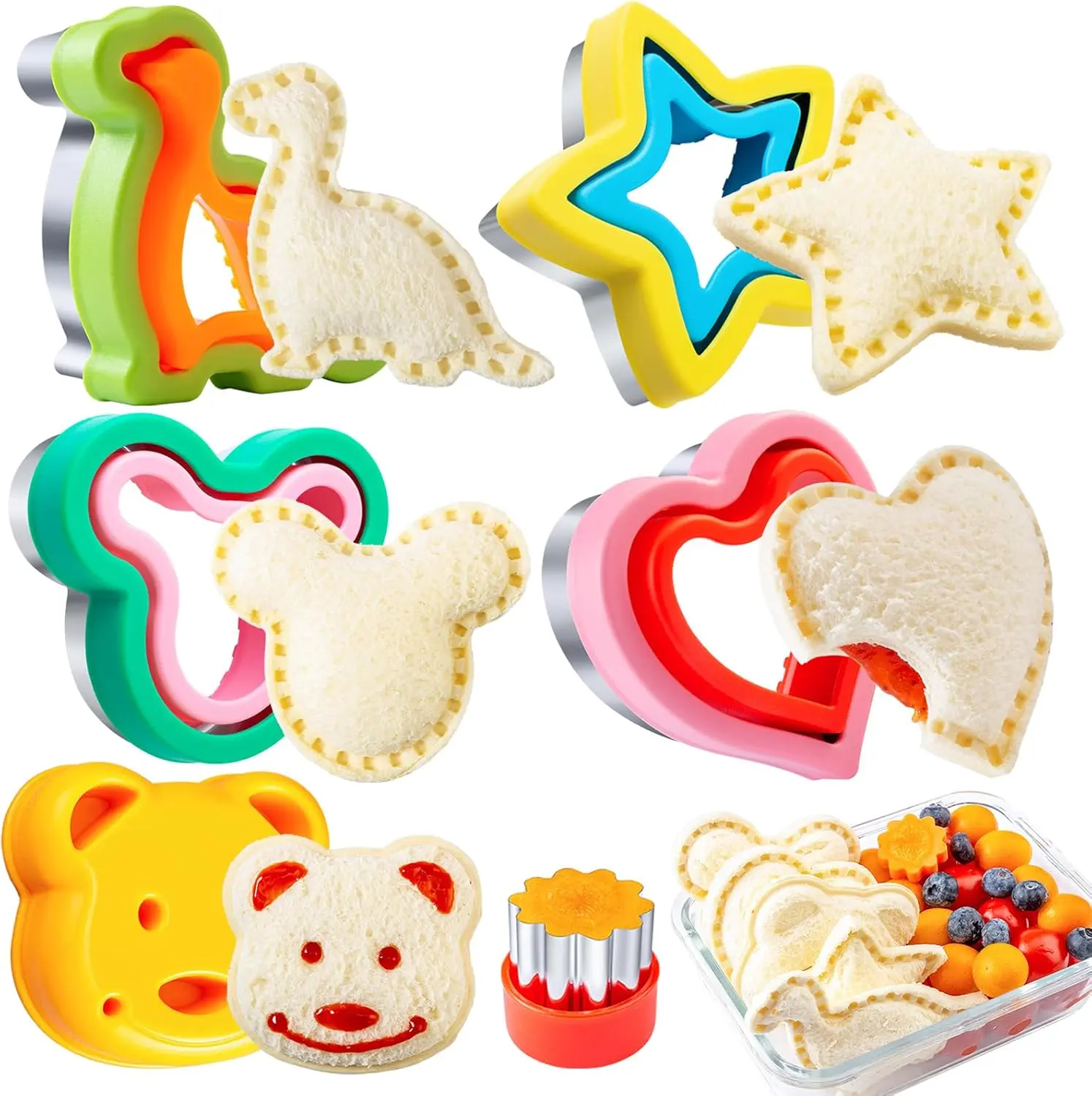 Sandwich Cutters for Kids Lunch LARGE 6 Pcs | Sandwich Maker, Cookie Cutters Set, Stainless Steel, Dinosaur Mouse Heart Star Bear