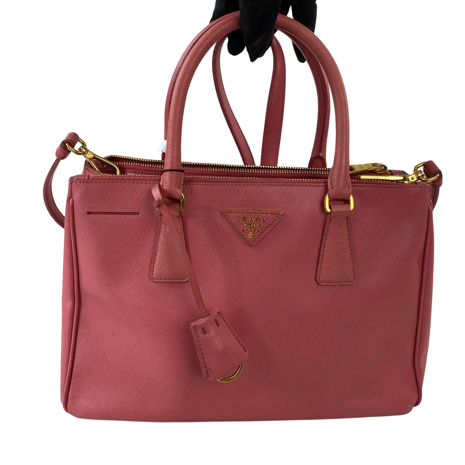 Pre-owned PRADA Saffiano leather with gold-tone metal hardware Tote Bags .Prada pink Saffiano leather small top handle bag with detachable shoulder strap.+little charm++