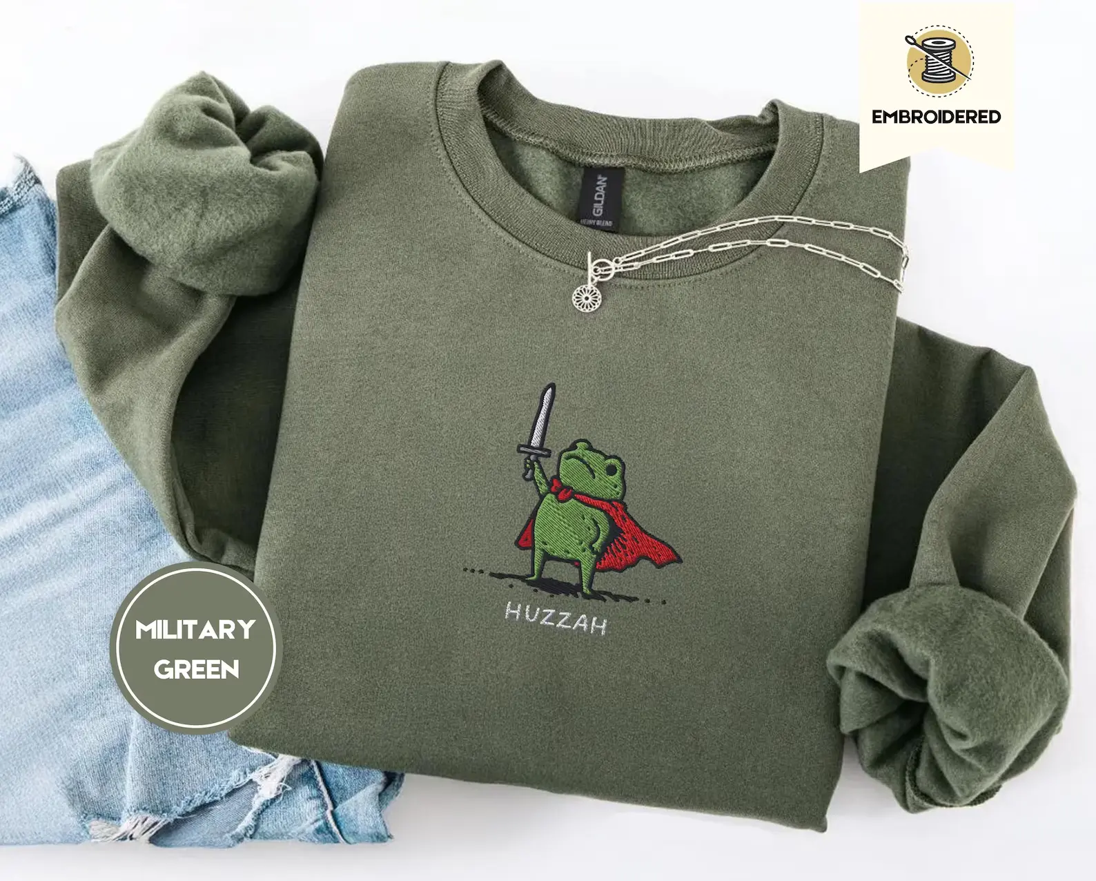 Huzzah Frog Sweatshirt, Embroidered, Funny DnD Pullover, Renaissance Faire Frog Crewneck, Medieval Fantasy Gamer Gift