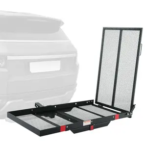 VEVOR Hitch Mount Cargo Carrier, 45.3" x 25.6" Iron Hitch Cargo Rack with Folding Ramp, Hitch Rack Basket with Stabilizer and Straps, 500LBS Mobility Scooter Carrier Fit 2" Hitch Receiver