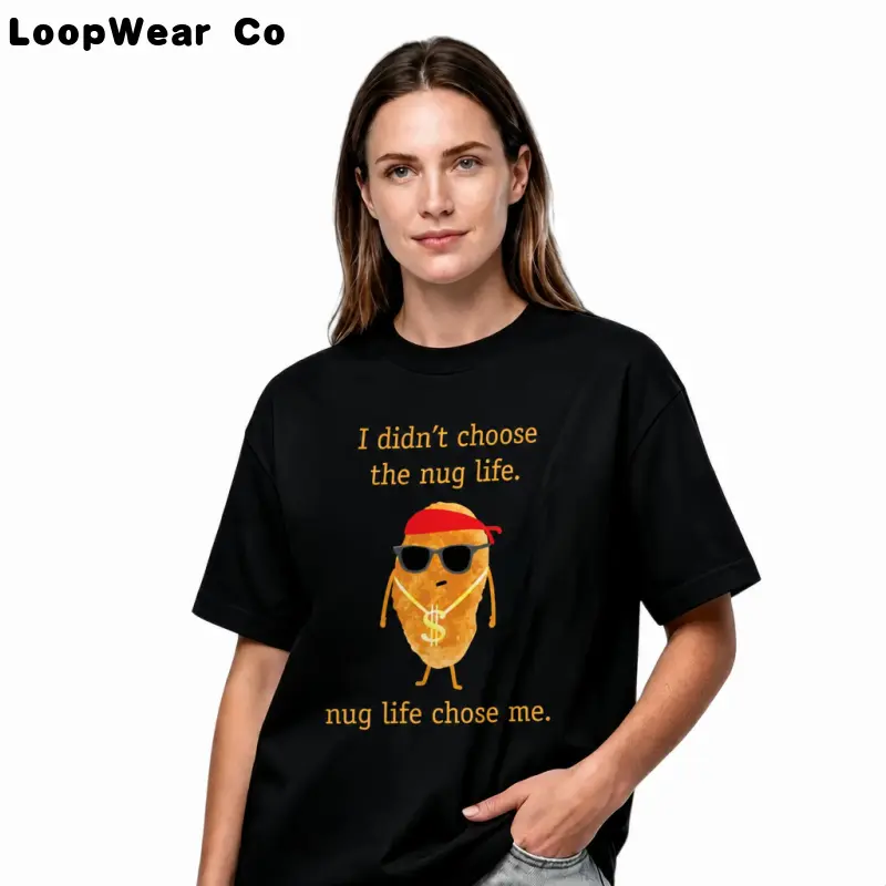 Funny "Nug Life Chose Me" Chicken Nugget T-Shirt, Cotton Crew Neck Short Sleeve Tee, Cool Sunglasses Nugget Print, Soft Breathable Comfy Casual Streetwear, Funny Food Lover Shirt, Oversized Funny Fast Food Top, Trending Everyday Tops, Funny Foodie Gift