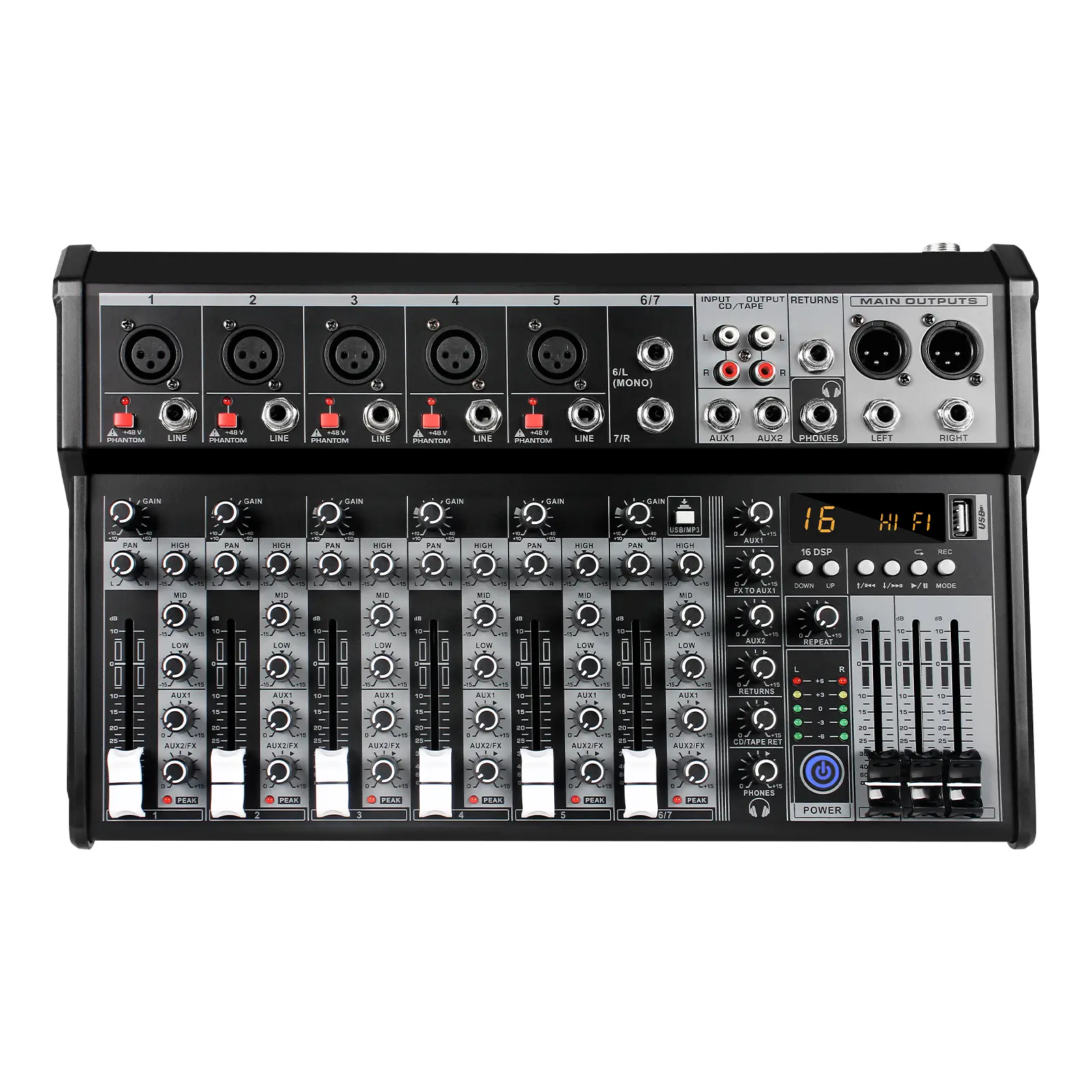 7-Channel Alloy Construction Audio Mixer, Desktop Model with Multiple Inputs (USB/MP3/Computer), 16 DSP Presets Sound Effects for DJ Studio Streaming & Recording