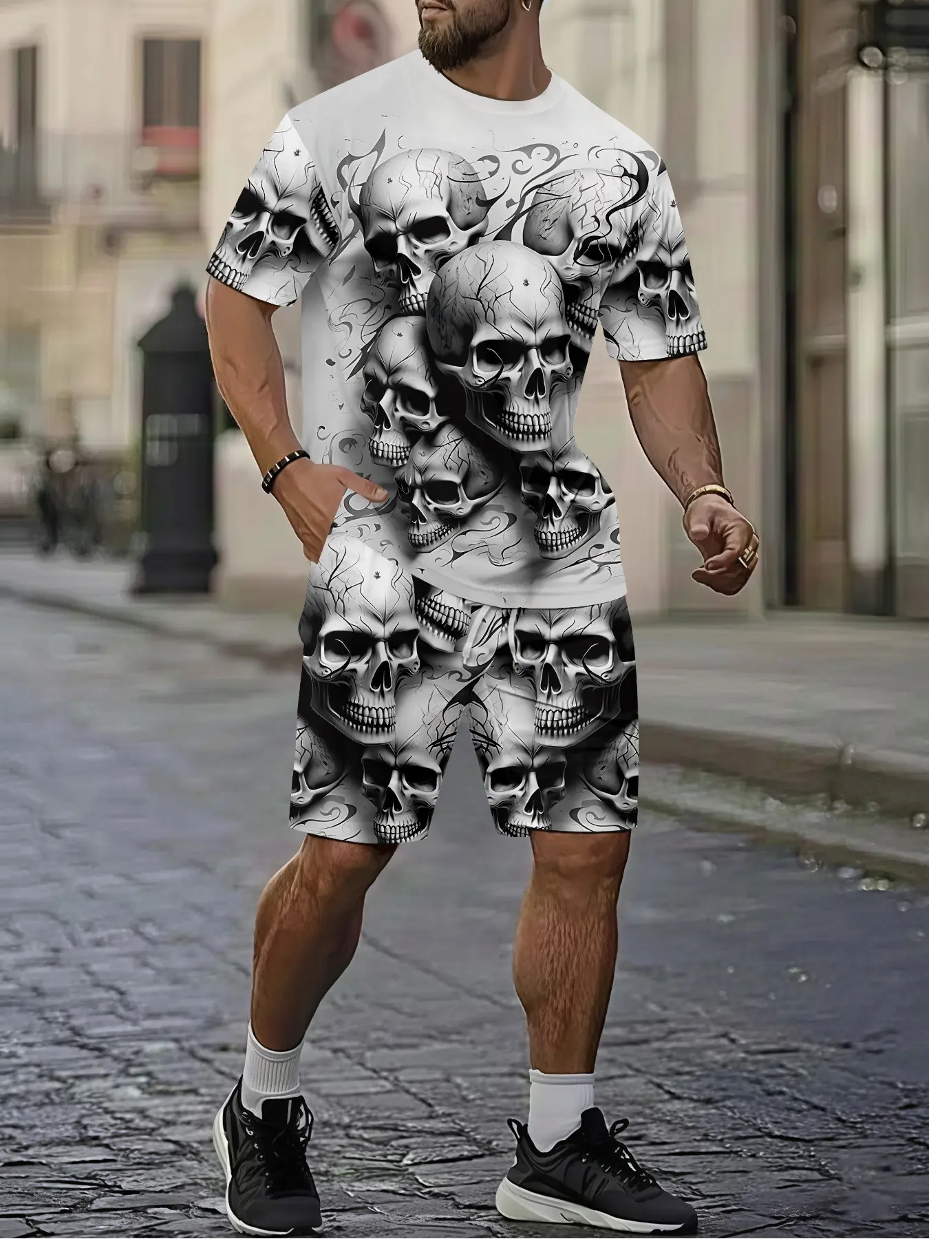 Men's Casual Aesthetic 3D Digital Print Two-Piece Set, Skull Pattern, Dark Style T-Shirt, Breathable Sporty Fashion