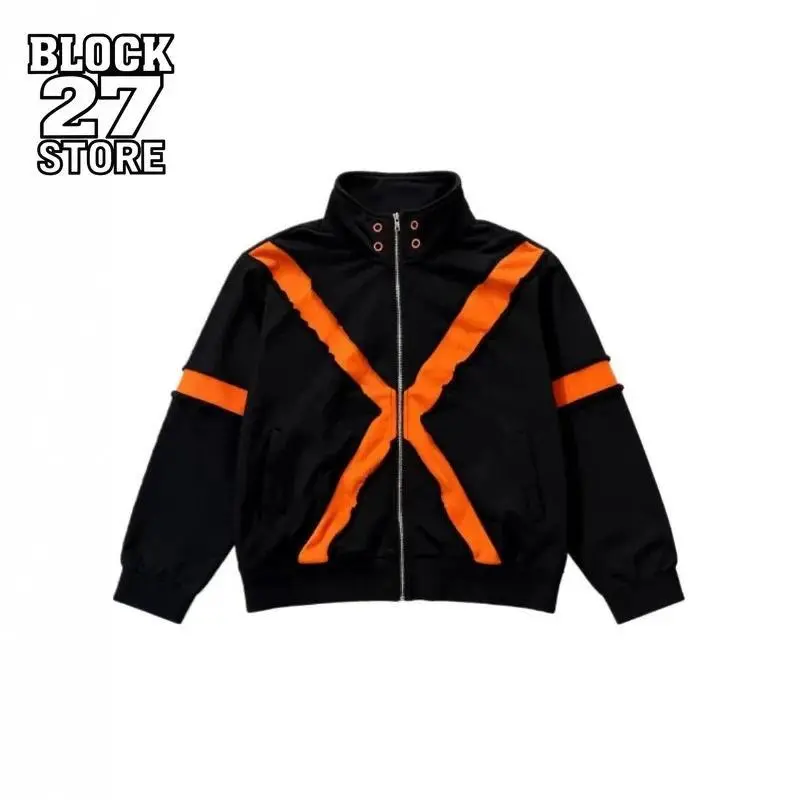 Mens Jacket Harajuku American Streetwear Color Block Patchwork Zip Up Long Sleeve Coat Loose Fit Casual Unisex Fashion Trend New