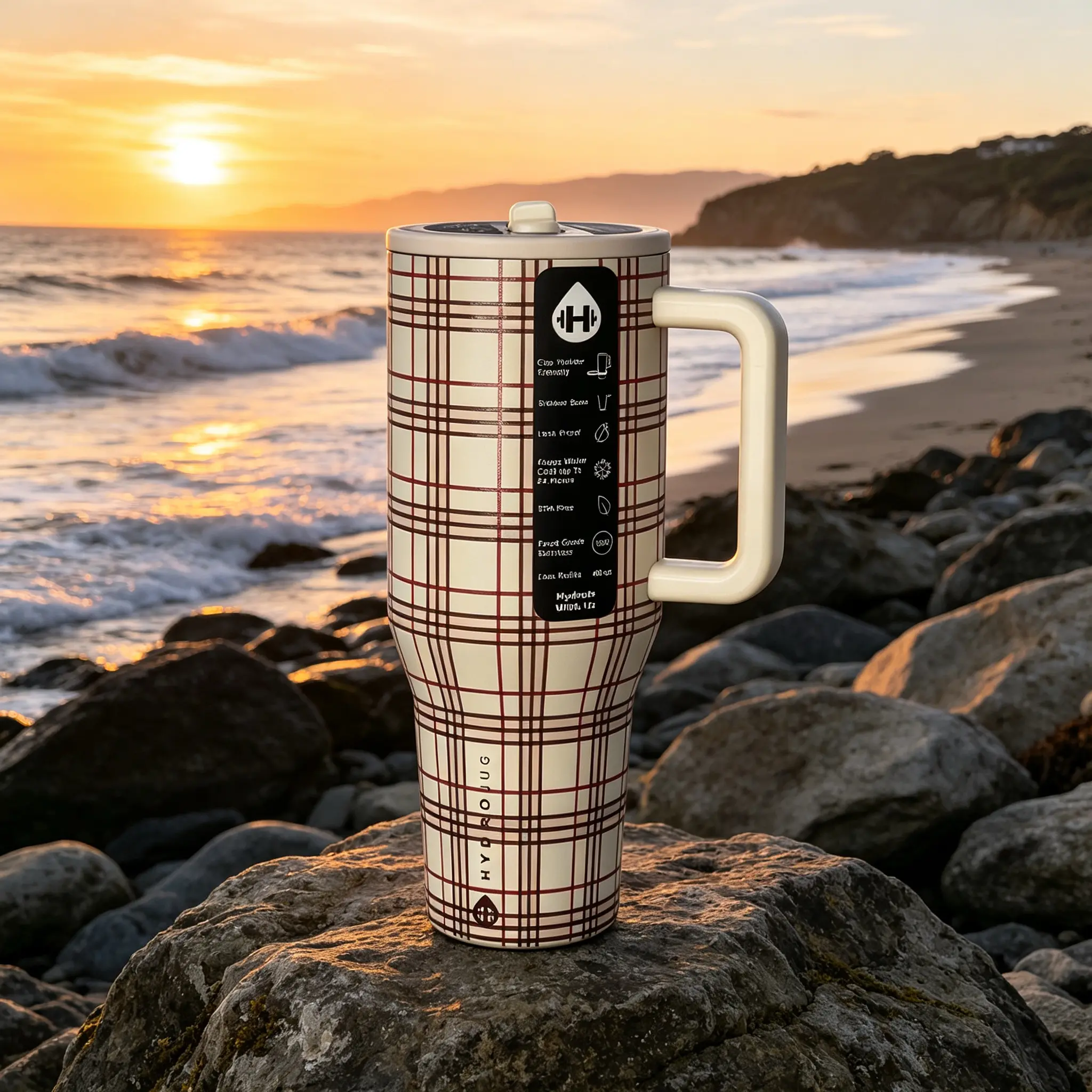 HydroJug 40oz Stainless Steel Insulated Tumbler, For Hot And Cold Drinks, Built-In Straw, Cup-Holder Compatible, Suitable For Car And Office Use, BPA-Free, Stripe Plaid Pattern