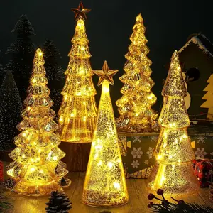 5 Pcs Mercury Glass Christmas Tree with LED Lights 10 Inch Large Figurine Lighted Christmas Tree Decoration Light up Tabletop Glass Decor for Home Table Centerpiece(Gold)