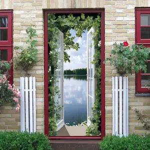 2pcs Stereoscopic Simulation Scenery Door Sticker Living Room Entrance Corridor Background Wall Decorative Sticker Self Adhesive Removable Fake Window Wall Sticker Pastoral Landscape Lake Natural Scenery