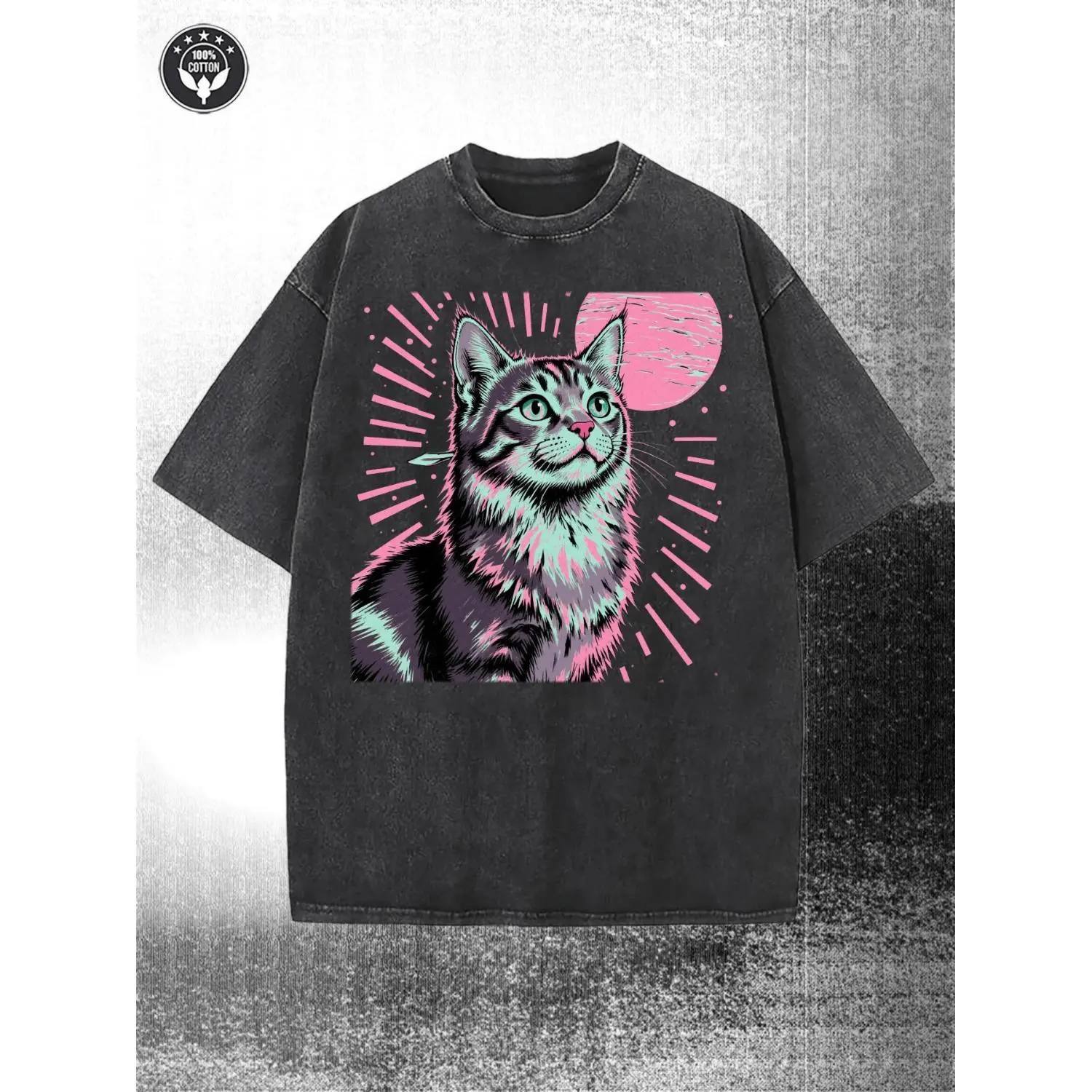 Men's Loose Fit Shirt with Retro Cat Graphic, Alt Style Washed Cotton for a Teenage Dirtbag & 90s Grunge Aesthetic, T-Shirt, Teenage Dirtbag Aesthetic, Baggy, Breathable
