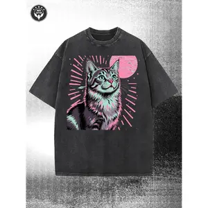 Retro Futuristic Multicolor Cat Graphic Washed T Shirt Featuring Batik Fabric and Grungy Texture for Casual Streetwear Style