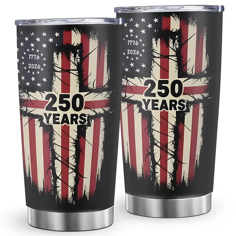 20oz (590ml) Insulated Stainless Steel Vacuum Flask Tumbler - American Flag Cross Print, 250-Year USA Patriotic Christian Design, Portable Travel Cup with Lid for Patriots, Church Events, Kitchenware Drinkware, Insulation