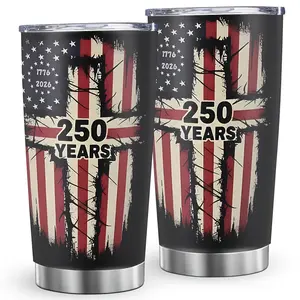 20oz Insulated Stainless Steel Vacuum Flask Tumbler - American Flag Cross Print, 250-Year USA Patriotic Christian Design, Portable Travel Cup with Lid for Patriots, Kitchenware Drinkware, Insulation