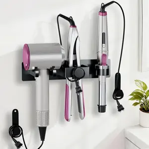 Hair Dryer Holder Wall Mount with Plug&Cord Organizer, Curling Iron Holder Flat Iron, 3-in-1 Bathroom Hair Tool Organizer and Storage, Straightener Holder, Metal Blow Dryer Holder Rack for Most Dryers