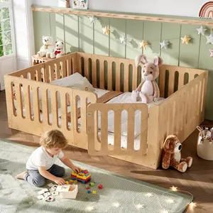 Queen Size Floor Bed with High Fence for Kids, Solid Wood Kids Montessori Bed with Door, low-profile and No Box Spring Needed Design, Natural