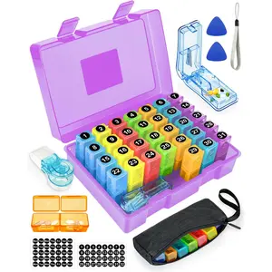 Monthly Pill Organizer 2 Times a Day, Medicine Box with Weekly Pill Bag, Pill Taker Remover, Pill and 2 Sticker (Purple, 2 Times a Day)