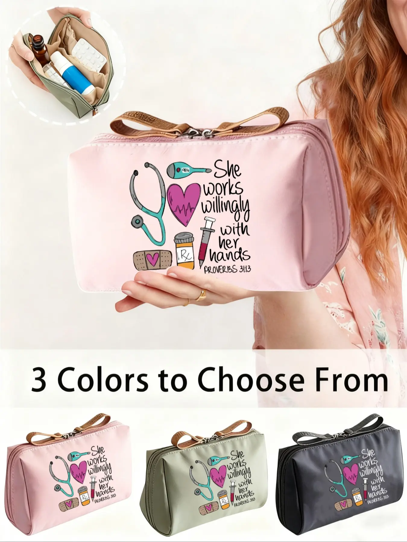 Nurse Theme Portable Medicine Bag, Includes Stethoscope Heart Syringe Thermometer, Small First Aid Kit, Makeup Bag, Travel Essential, Travel Cosmetic Bag, Travel Beauty Bag, Cosmetic Travel Bags, Cosmetics Bag