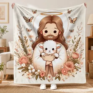Cozy Chibi Art Jesus & Lamb Flannel Blanket – Angelic Christian Faith Throw with Butterflies, Microfiber Fabric, Soft Warm Home Decor, Perfect Gift for Church, Kids, Easter & Christmas
