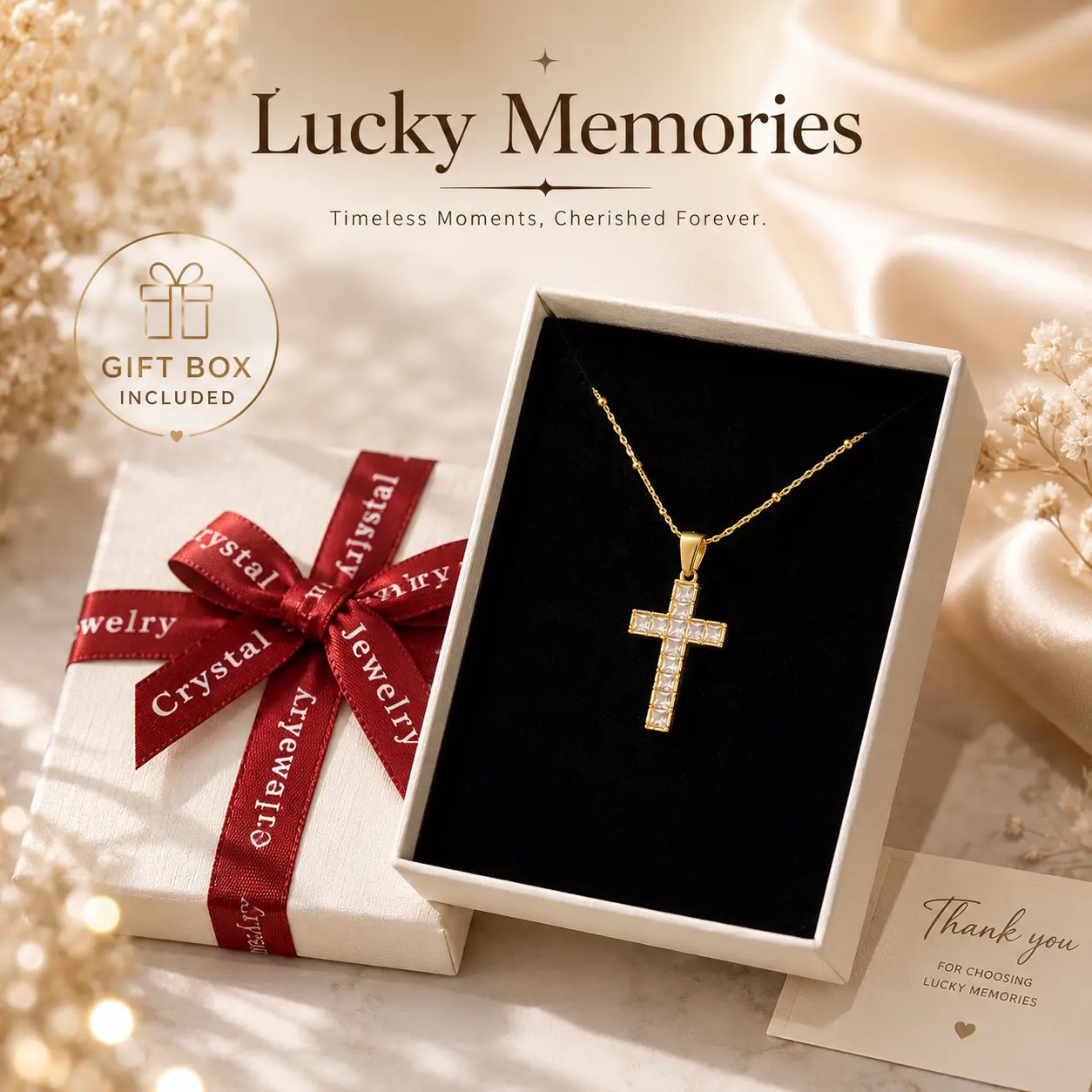 Gold Cross Crystal Necklace for Women – Sparkly Pendant Chain, Elegant Religious Jewelry Gift
