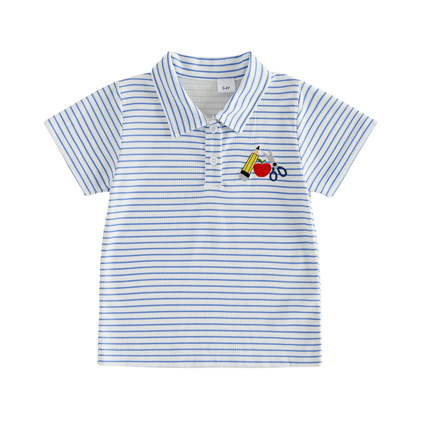 Toddler Baby Little Boys Back to School T Shirt Pencil Embroidery Short Sleeve Turn Down Collar Striped Tops 1-6 Years