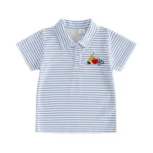 Toddler Baby Little Boys Back to School T Shirt Pencil Embroidery Short Sleeve Turn Down Collar Striped Tops 1-6 Years