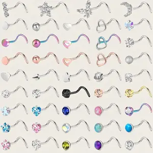 44PCS 20g Hypoallergenic Nose Rings Set with Rhinestones, Surgical Stainless Steel Nose Piercing Jewelry, Moon Stars Heart Shapes Butterfly Designs, Unisex Everyday Wear Fashion Accessories