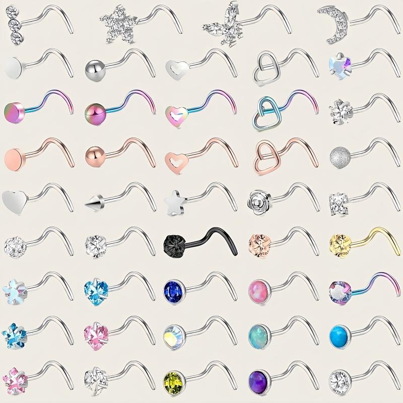 44PCS Hypoallergenic Nose Rings Set Surgical Stainless Steel Body Piercing Jewelry with Moon Star Heart Butterfly Designs Unisex Accessories for Women Men