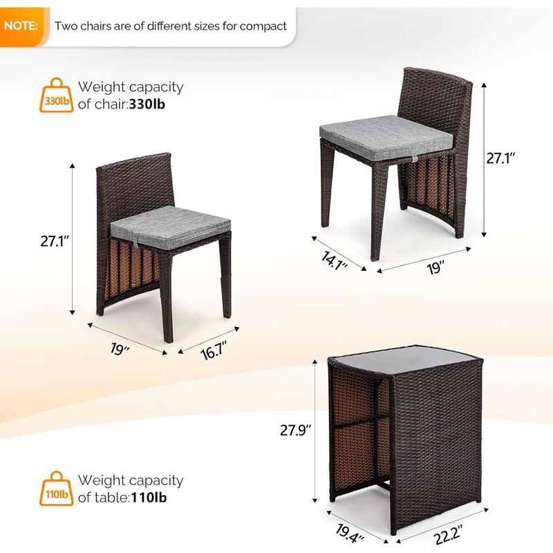Bonnlo 3 PCS Wicker Outdoor Patio Bistro Set, Patio Furniture Set for Small Space with Glass Top Table Dining Chairs, Balcony Furniture Patio Table and Chairs Set of 2 for Garden Yard Porch (Brown)