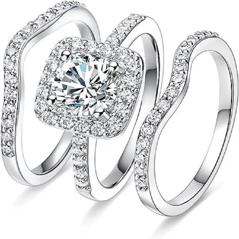 YSTT 1.5 CT Round Cut Classic Three-in-One 3 Pieces Set Halo Wedding Engagement Set Promise Eternity Ring for Women,The best gift for girls，Cubic zirc