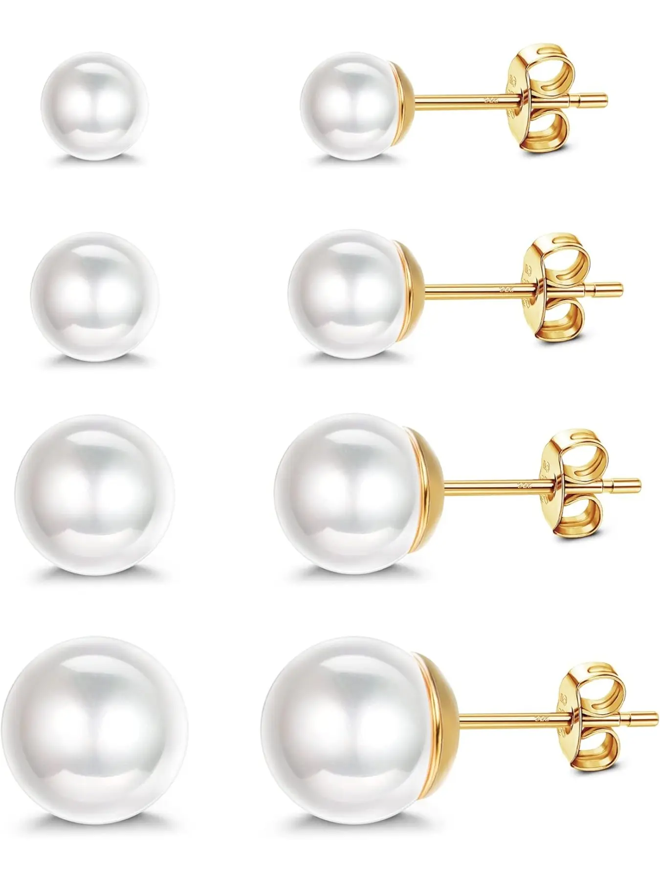 4 Pairs Pearl Earrings, Round Ball Pearls Stud Earrings, Hypoallergenic, High Quality Earrings, 5-10mm Mixed Sizes, Freshwater Cultured Pearl Earrings Set for Women, Earrings Jewelry