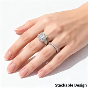 Female Premium White Gold Plated Princess Cut CZ Ring Set, Stackable Eternity Bands, Dainty Promise Ring Gift For Her - Corsage Prom Accessory