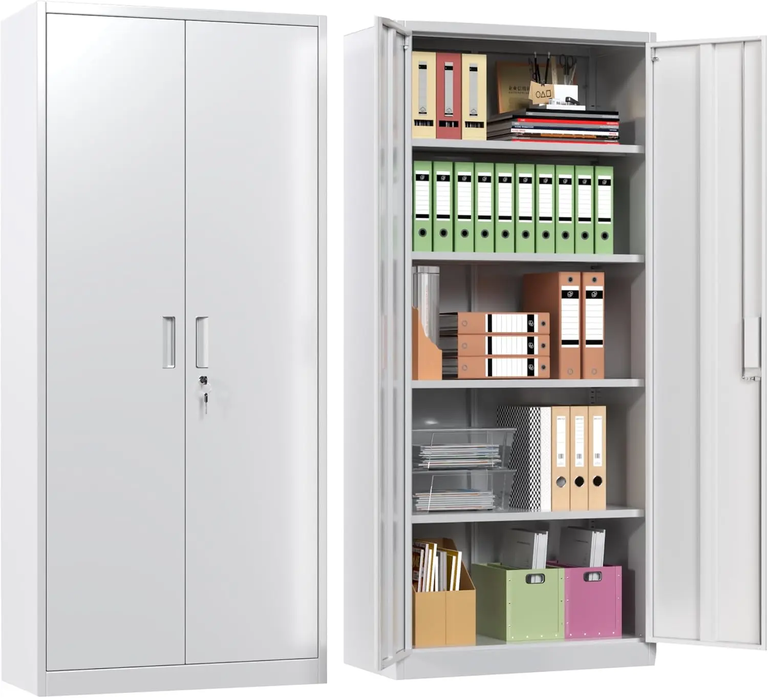 71" H Metal Garage Storage Cabinet,Lockable Steel File Cabinet with 4 Adjustable Shelves,Assembly Required, Warehouse,Office,Home, White