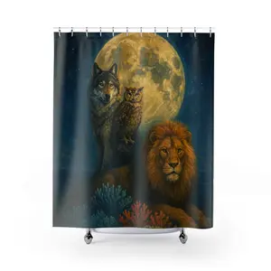 Moonlit Wolf Owl Lion Shower Curtain | Mystic Wildlife Bathroom Decor