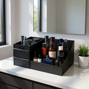 Viral TikTok Gift Black Desktop Storage Box with 7 Compartments & 2 Extra-Deep Drawers for Perfumes Shaving Tools & Skincare Products Ideal for Bedrooms Bathrooms & Offices