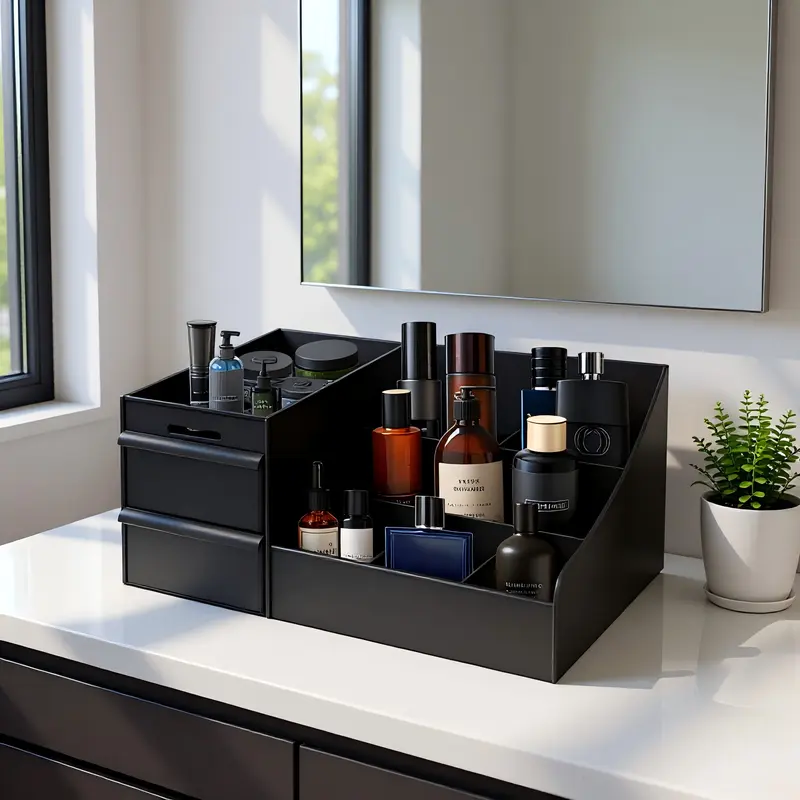 Black Desktop Organizer Storage Bin - 7-Slot Gear Holder, 2 Deep Drawers, Drainable, Wash-Clean Ease, Drawers+Comps, Desk Accessories, Gifts for Him, Office/Kitchen Vanity Dorm Room Accessory (Perfumes, Shaving Tools, Skincare)