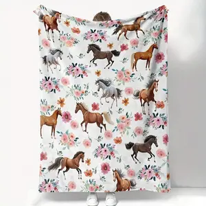 1pc Horse & Flower Bedspread - Soft Flannel Bed Cover Suitable Spring Summer Warm Cozy Bedspread, Contemporary Horse-Themed Bedspread Modern Bedrooms, Birthday Mother's Day Size